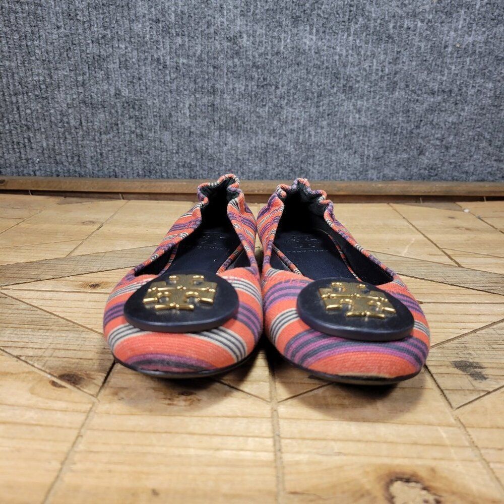 Tory Burch Reva Bauer 5.5M Ballet Flats Slip On Shoes Red Multi Stripe Canvas - Picture 4 of 11
